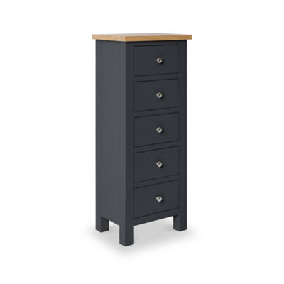 Farrow Charcoal 5 Drawer Tallboy Chest Fully Assembled - Painted with Oak Top By Roseland Furniture
