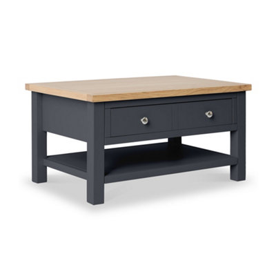 Farrow Charcoal 85cm Large Coffee Table with Drawer and Shelf - Painted with Oak Top By Roseland Furniture