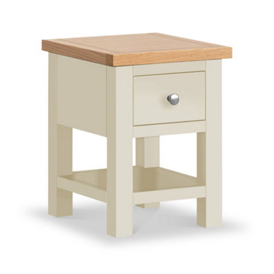 Farrow Cream 36cm Lamp Side Table with Drawer - Painted with Oak Top - Fully Assembled By Roseland Furniture