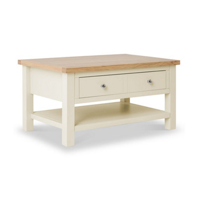 Farrow Cream 85cm Large Coffee Table with Drawer and Shelf - Painted with Oak Top By Roseland Furniture