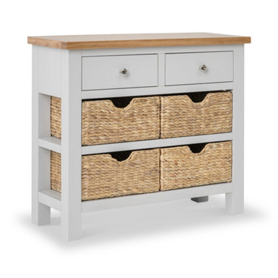 Farrow Grey 85cm Console Table with Baskets - Painted with Oak Top - Fully Assembled By Roseland Furniture