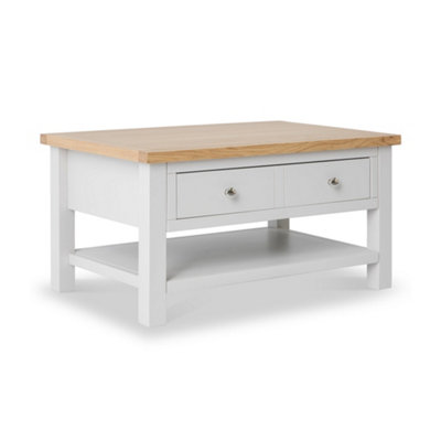 Farrow Grey 85cm Large Coffee Table with Drawer and Shelf - Painted with Oak Top By Roseland Furniture