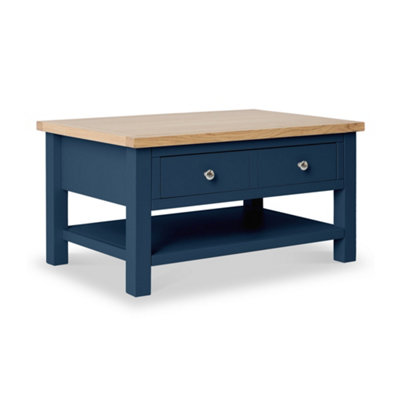 Farrow Navy Blue 85cm Large Coffee Table with Drawer and Shelf - Painted with Oak Top By Roseland Furniture