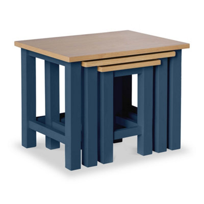 Farrow Navy Blue Nest of 3 Tables - Painted with Oak Top - Fully Assembled By Roseland Furniture