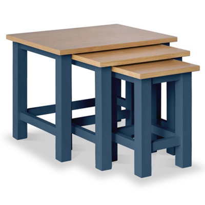 Farrow Navy Blue Nest of 3 Tables - Painted with Oak Top - Fully Assembled By Roseland Furniture