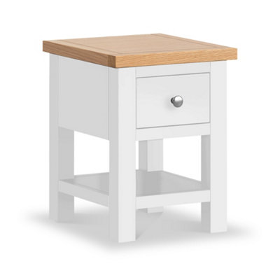 Farrow White 36cm Lamp Side Table with Drawer - Painted with Oak Top - Fully Assembled By Roseland Furniture