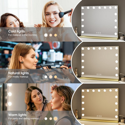 FASCINATE Gold Hollywood Vanity Mirror with 15 LED Lights & Tempered Glass - 58x48cm