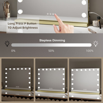 FASCINATE Gold Hollywood Vanity Mirror with 15 LED Lights & Tempered Glass - 58x48cm