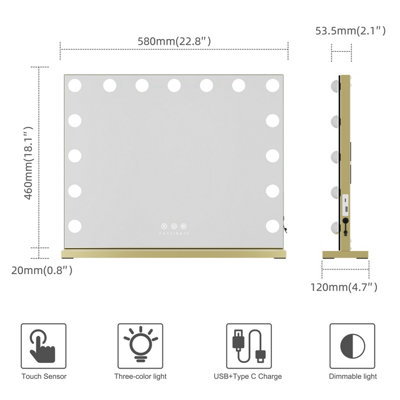 FASCINATE Gold Hollywood Vanity Mirror with 15 LED Lights & Tempered Glass - 58x48cm