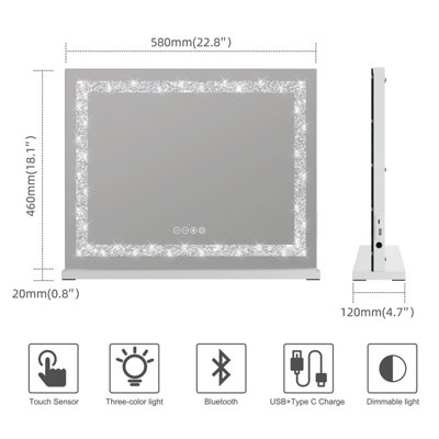FASCINATE Hollywood Vanity Makeup Mirror Crushed Diamonds Modern Strip LED Bluetooth Large 58x48cm