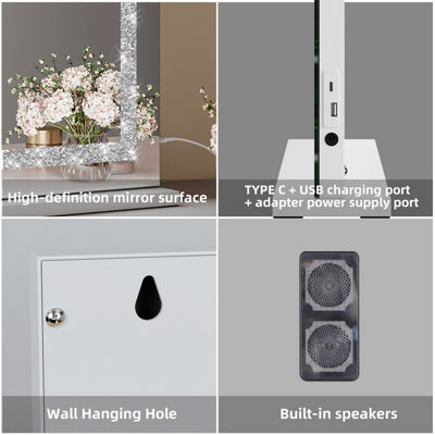 FASCINATE Hollywood Vanity Makeup Mirror Crushed Diamonds Modern Strip LED Bluetooth Large 58x48cm
