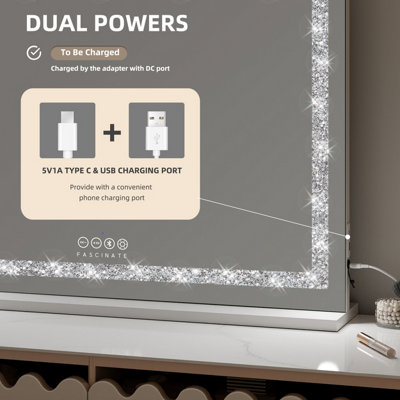 FASCINATE Hollywood Vanity Mirror Crushed Diamond 18 Dimmable LED Xtra Large 80x60cm Modern Stylish Bluetooth