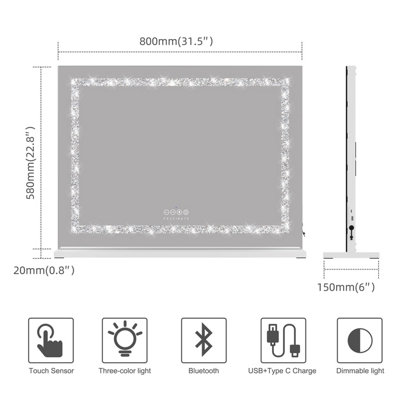FASCINATE Hollywood Vanity Mirror Crushed Diamond 18 Dimmable LED Xtra Large 80x60cm Modern Stylish Bluetooth