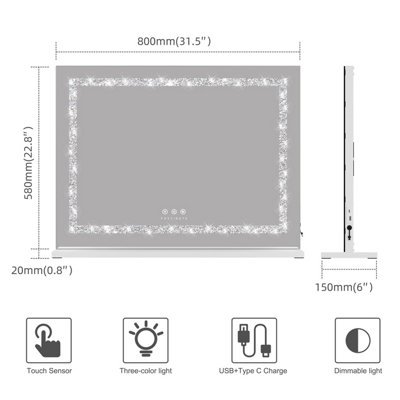 FASCINATE Hollywood Vanity Mirror Crushed Diamond LED Strip Dimmable Xtra Large 80x60cm