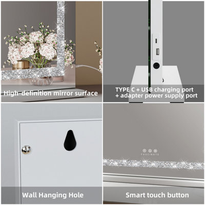 FASCINATE Hollywood Vanity Mirror Crushed Diamond LED Strip Dimmable Xtra Large 80x60cm