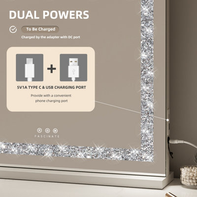 FASCINATE Hollywood Vanity Mirror Crushed Diamond Strip LED Dimmable Large 58x48cm