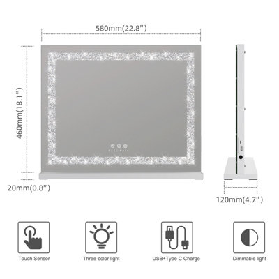 FASCINATE Hollywood Vanity Mirror Crushed Diamond Strip LED Dimmable Large 58x48cm