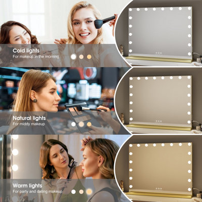 FASCINATE Hollywood Vanity Mirror Xtra Large 80x60cm 18 Dimmable LED, 3 Colour Modes, Elegant Gold
