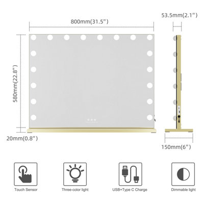 FASCINATE Hollywood Vanity Mirror Xtra Large 80x60cm 18 Dimmable LED, 3 Colour Modes, Elegant Gold