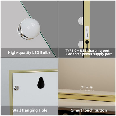 FASCINATE Hollywood Vanity Mirror Xtra Large 80x60cm 18 Dimmable LED, 3 Colour Modes, Elegant Gold