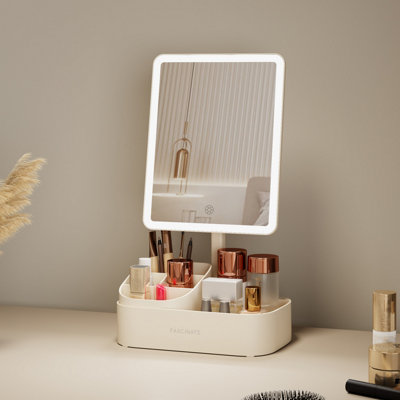 FASCINATE LED Makeup Mirror with Cosmetic Storage Base & 3 Colour Dimming - Rechargeable Beige
