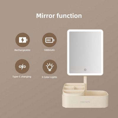 FASCINATE LED Makeup Mirror with Cosmetic Storage Base & 3 Colour Dimming - Rechargeable Beige