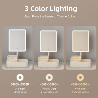 FASCINATE LED Makeup Mirror with Cosmetic Storage Base & 3 Colour Dimming - Rechargeable Beige