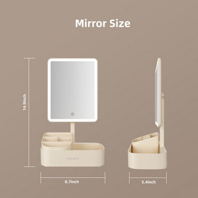 FASCINATE LED Makeup Mirror with Cosmetic Storage Base & 3 Colour Dimming - Rechargeable Beige