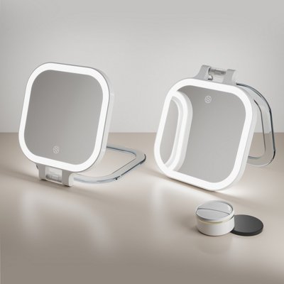 FASCINATE Portable LED Travel Makeup Mirror 10X Magnification Rechargeable 3 Color LED Dimmable (White)