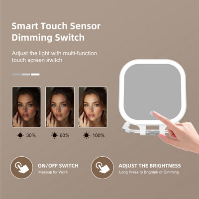 FASCINATE Portable LED Travel Makeup Mirror 10X Magnification Rechargeable 3 Color LED Dimmable (White)