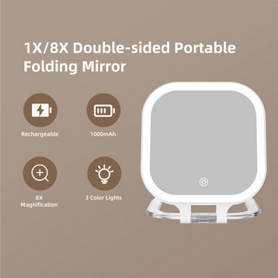 FASCINATE Portable LED Travel Makeup Mirror 10X Magnification Rechargeable 3 Color LED Dimmable (White)