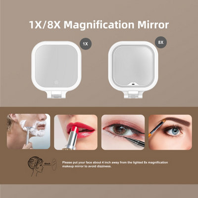 FASCINATE Portable LED Travel Makeup Mirror 10X Magnification Rechargeable 3 Color LED Dimmable (White)