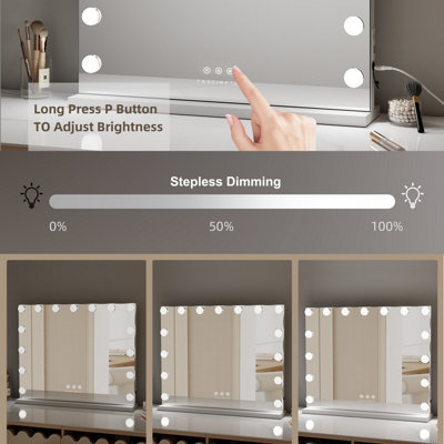 FASCINATE Pro-Studio Hollywood Mirror 15 LED White Tempered Glass USB-C Charging Bathroom & Vanity Mirror Wall Mounted 58x48cm