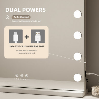 FASCINATE Pro-Studio Hollywood Mirror 15 LED White Tempered Glass USB-C Charging Bathroom & Vanity Mirror Wall Mounted 58x48cm