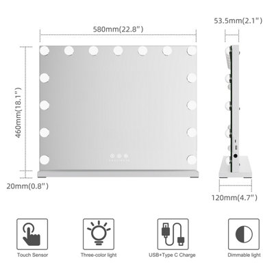 FASCINATE Pro-Studio Hollywood Mirror 15 LED White Tempered Glass USB-C Charging Bathroom & Vanity Mirror Wall Mounted 58x48cm