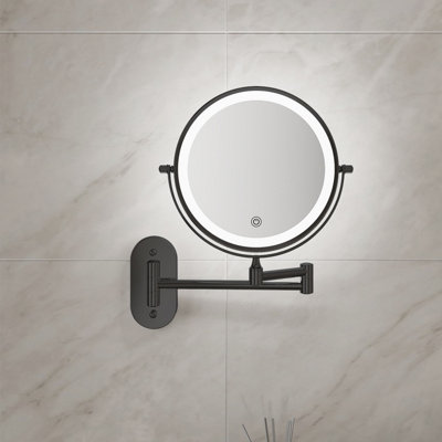 FASCINATE Rechargeable LED Bathroom Mirror Wall Mounted 1X/10X Magnification Dimmable 3 Light Colours 360 Rotatable black