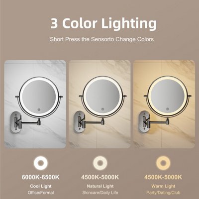 FASCINATE Rechargeable LED Bathroom Mirror Wall Mounted 1X/10X Magnification Dimmable 3 Light Colours 360 Rotatable black