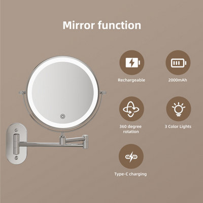 FASCINATE Rechargeable LED Bathroom Mirror Wall Mounted 1X/10X Magnification Dimmable 3 Light Colours 360 Rotatable black