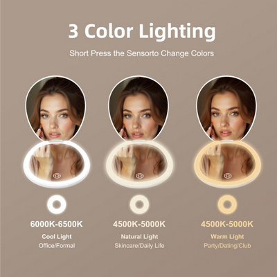FASCINATE Rechargeable LED Portable Travel Makeup Mirror - 10X Magnification Hollywood Mirror, 3 Color Modes, Beautiful White
