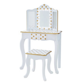 Fashion Polka Dot Prints Gisele Play Vanity Set with Led Mirror Light - L60 x W30 x H100 cm - White/Gold
