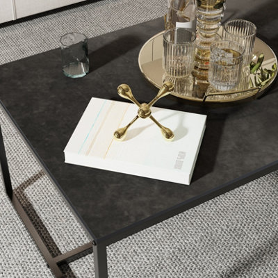 FATIOV 100L x 60W cm Heavy Duty Sintered Stone Marble Coffee Table Anit-scratch Center Tea Table Accent, Black