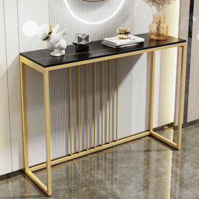 FATIVO 100cm W Slim Narrow Hallway Console Table Scratch-proof Marble Long Bar Table Gold Legs, Black
