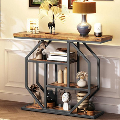 FATIVO 120cm Console Table Industrial 4-Tier Sofa Table Entryway Table w Geometric Base