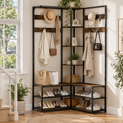 FATIVO 146x30x178.5cm Coat Rack with Shoe Bench, 10 Hooks and Shoe ...