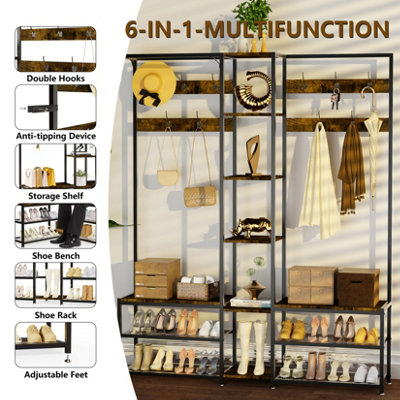 FATIVO 146x30x178.5cm Coat Rack with Shoe Bench, 10 Hooks and Shoe ...