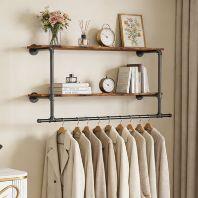 FATIVO 2-Tier 116cm Long Industrial Pipe Clothing Rack Wall Clothes ...
