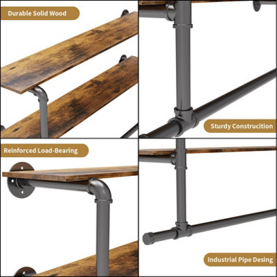 FATIVO 2-Tier 116cm Long Industrial Pipe Clothing Rack Wall Clothes ...