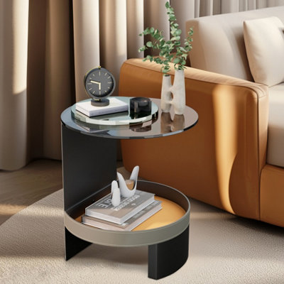 FATIVO 2-Tier Round Side Table for Living Room Sofa End Tables W/ Leather Basket