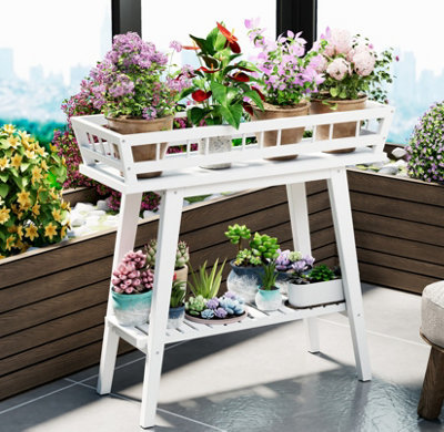 FATIVO 2 Tier White Flower Plant Pots Stand Anti-drop Bonsai