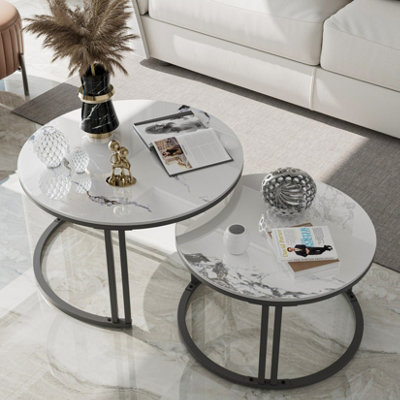 FATIVO 2pcs Nesting Round Coffee Table Sintered Stone End Tables Living Room Furniture